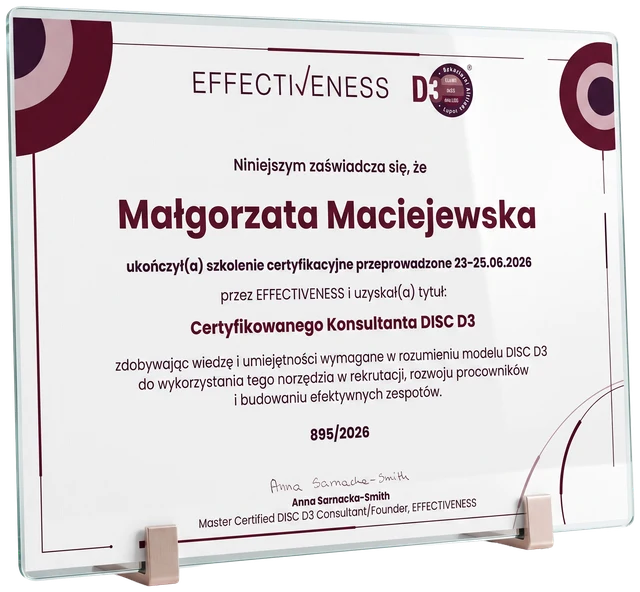 Certyfikat Konsultanta DISC D3 nr 895/2026 dla Małgorzaty Maciejewskiej, wydany przez Effectiveness