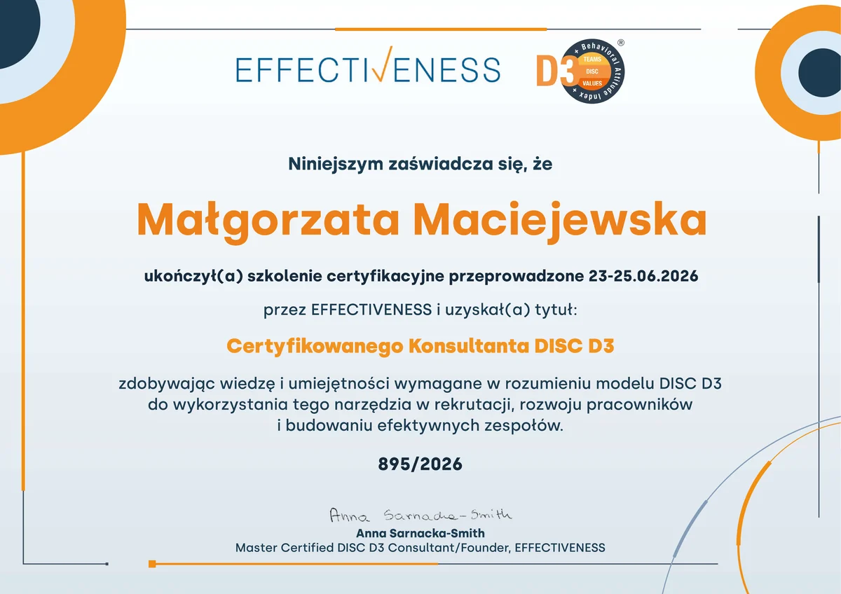 Certyfikat EFFECTIVENESS — Małgorzata Maciejewska, Certyfikowany Konsultant DISC D3, nr 895/2026